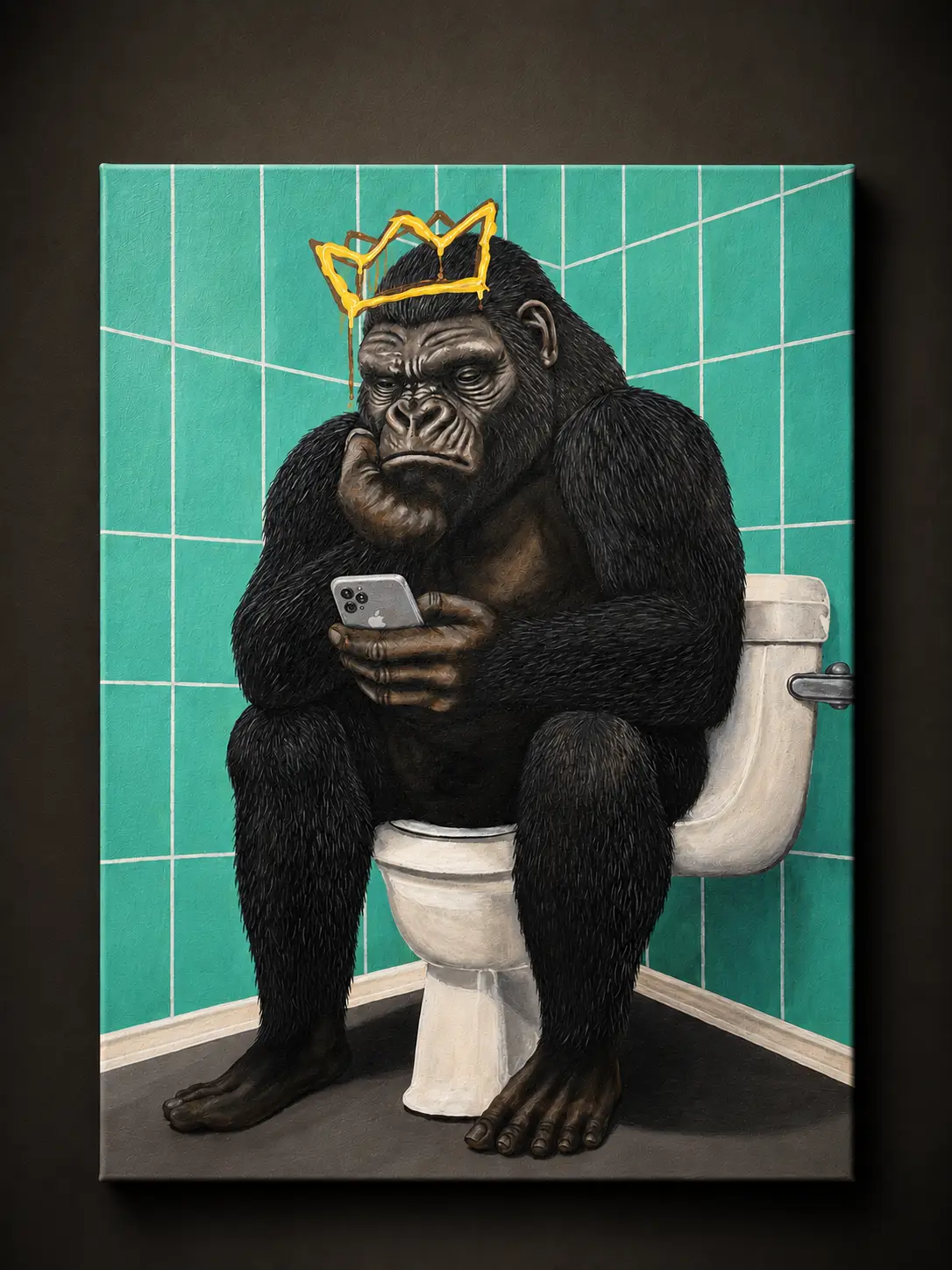 painting gorilla with phone on his throne on canvas BOL