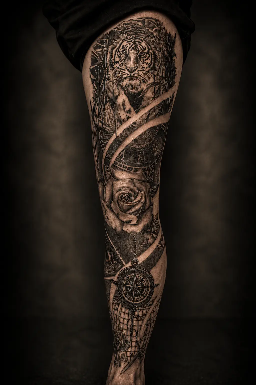 leg sleeve tiger tattoo by Kira