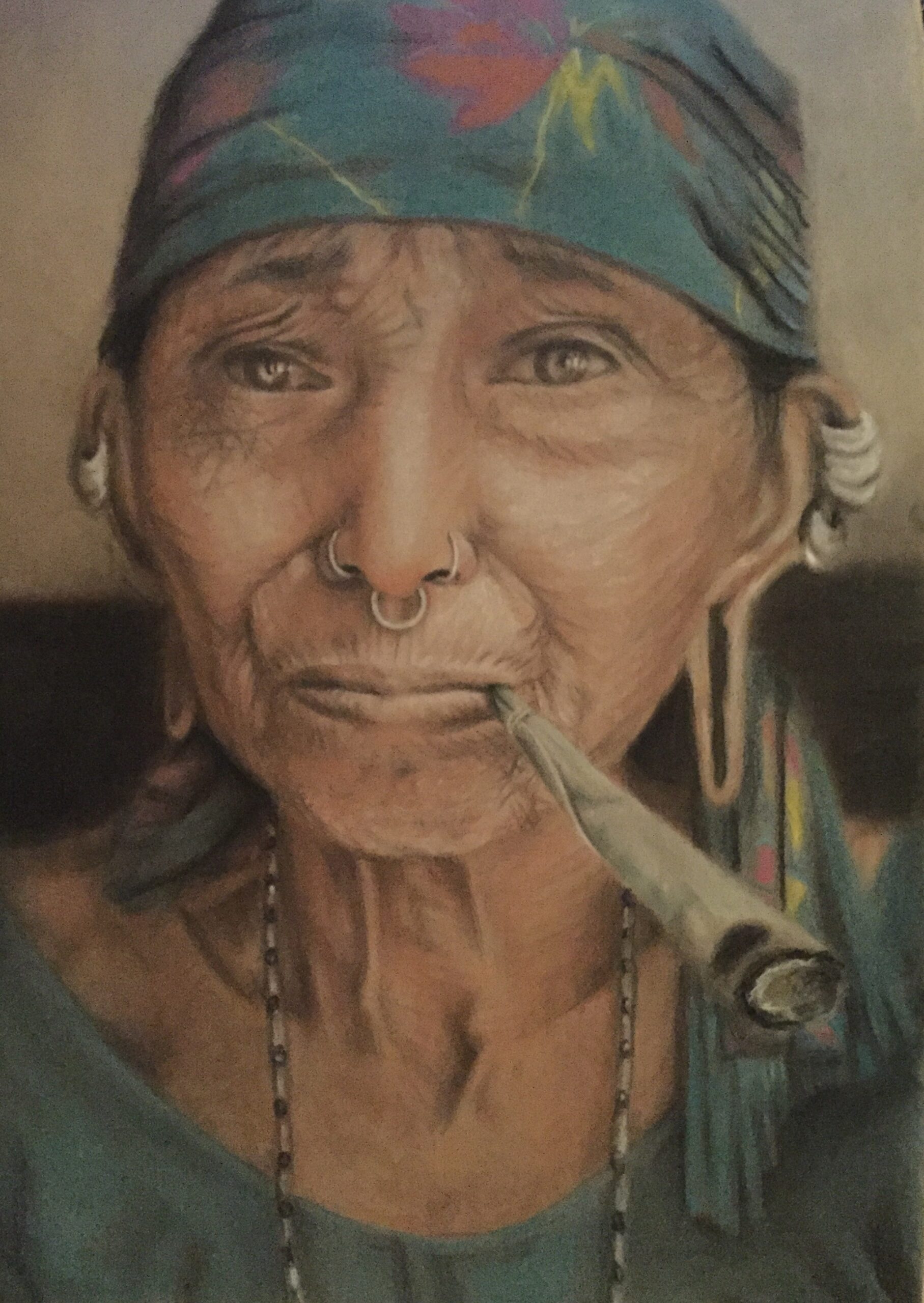 old woman pierced with joint A2 with pastells