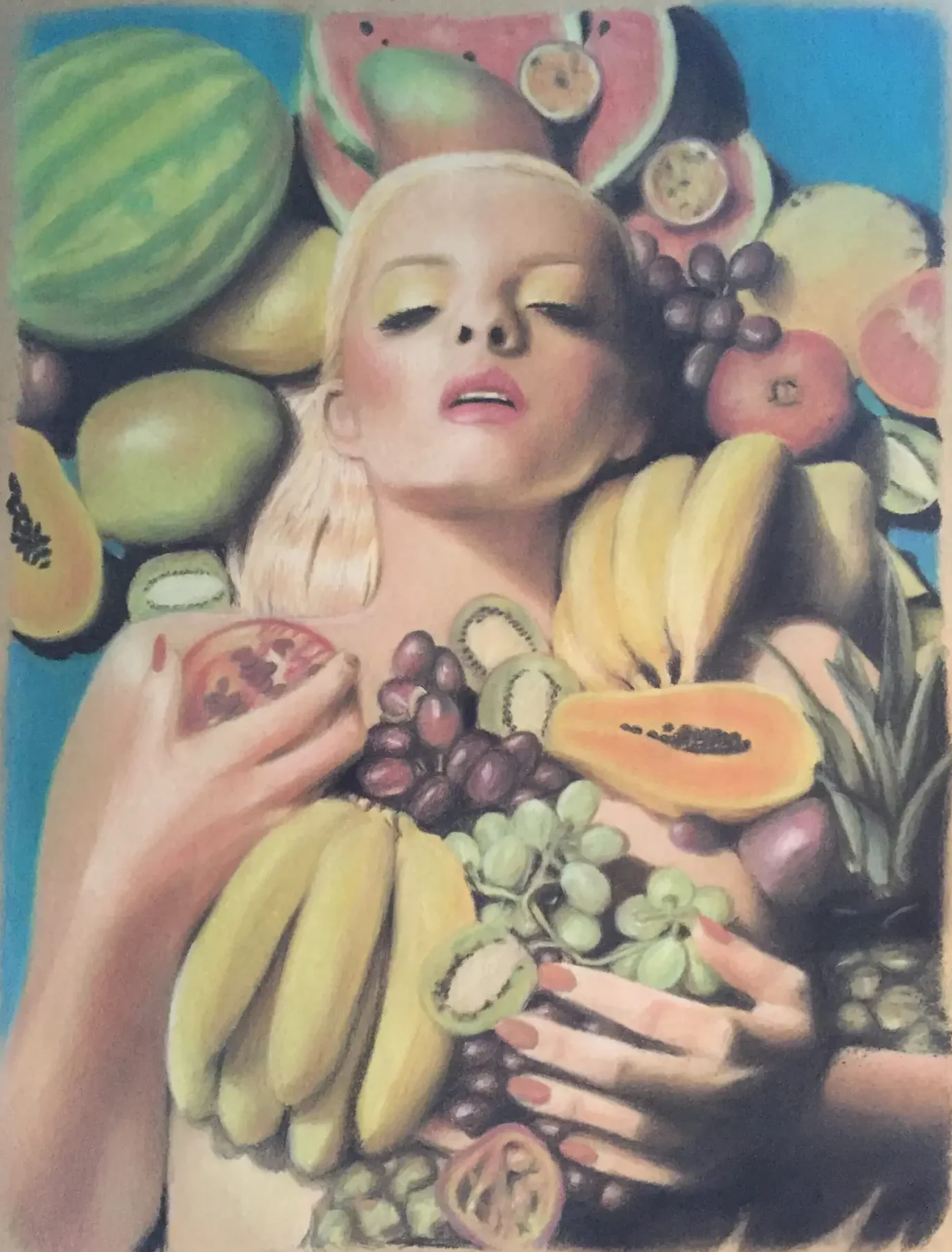 drawing of woman with fruits Pastell A2