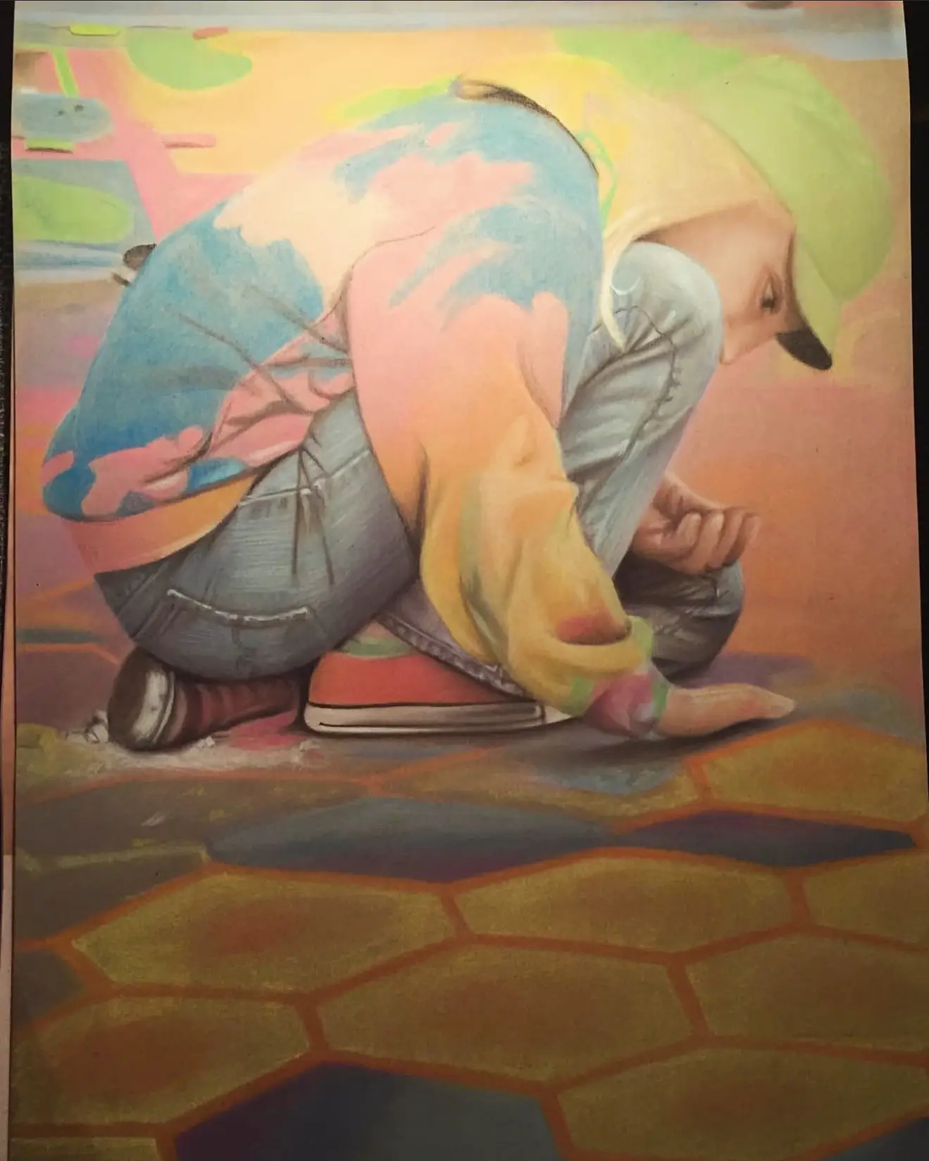 pastell drawing A2 girl painting on street